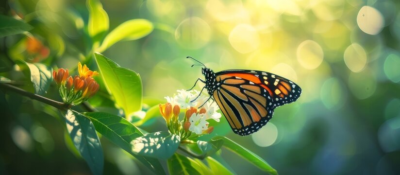 A tranquil nature picture showcases a male monarch butterfly on a budding spring flower.