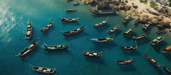 Fototapeta na wymiar Aerial view of group of boats anchored sideways on island