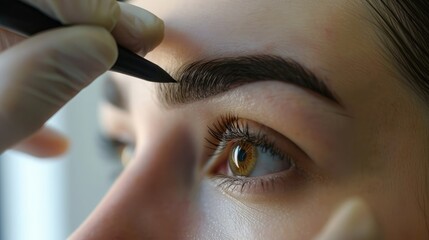 The make-up artist does Long-lasting styling of the eyebrows of the eyebrows and will color the eyebrows. Eyebrow lamination. Professional make-up and face care.