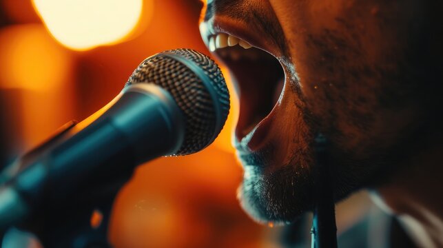Sing, talk or speak. Singer mouth open. Man with loud sound of voice. Pronunciation in language education, articulation exercise or vocal lesson. Song in music studio. Speech or karaoke. Yell or shout