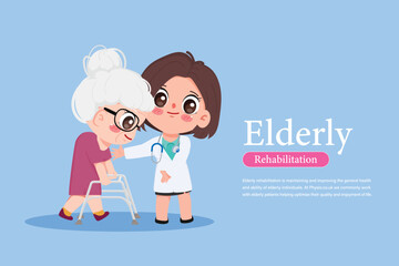 Doctor helps elderly woman patient with a walker. People in orthopedic therapy rehabilitation. Therapist working with disabled person, Cartoon chibi cute character people vector.