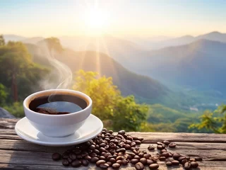  A hot cup of coffee with some smoke and coffee beans next to it. On the old wooden floor. Mountain view, sun rising  © Thachakrit