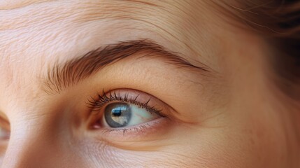 Wrinkled skin of a mature woman's forehead macro photography. Deep aging wrinkles close up. Prevention of age-related skin changes concept.