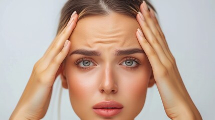 Naklejka premium Wrinkles, forehead and face of aesthetic woman with hands on skin for plastic surgery or collagen. Beauty or skincare model person with problem for cosmetic facial filler,