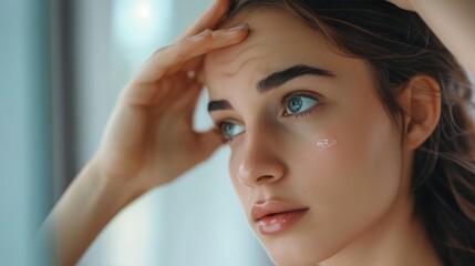 Fototapeta premium Wrinkles, forehead and face of aesthetic woman with hands on skin for plastic surgery or collagen. Beauty or skincare model person with problem for cosmetic facial filler,