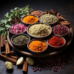 several types of spices in a black bowl on a textured concrete background