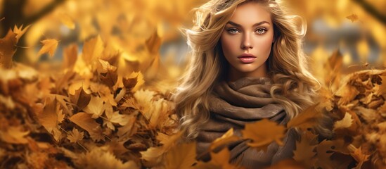 Obraz na płótnie Canvas beautiful female model and autumn leaves background