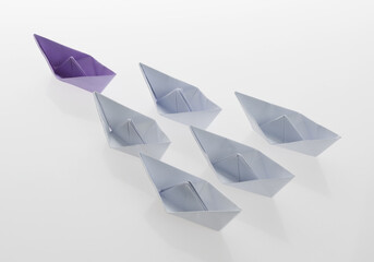 The purple origami boat is leader