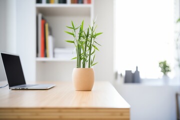 a lucky bamboo plant on a minimalist office desk