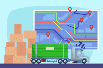 Truck with many parcels to deliver vector illustration with route map on background. Delivery failures due to high workload concept 