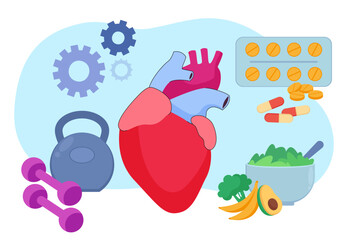 Healthy heart and healthy lifestyle choice concept. Dumbbells, kettlebell, vegetables, fruit, vitamins vector illustration.