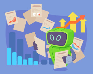 Robot sorting and analyzing documents vector illustration. Graphs and diagrams on background. Artificial intelligence in data sorting concept