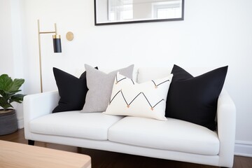 white faux leather sofa with black throw pillows - obrazy, fototapety, plakaty