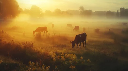 Papier Peint photo Lavable Matin avec brouillard Meadows full of grazing cows with morning fog