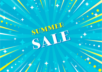 夏のセールやバーゲンなどのチラシに使えるキラキラでおしゃれな集中線の背景・フレーム素材、海のようなブルー