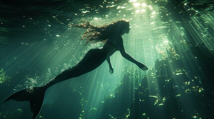 Mermaid Swimming Under Water