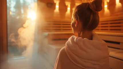 Woman enjoying a sauna session with warmth and steam to relieve tension and stress. Shallow field of view. - obrazy, fototapety, plakaty