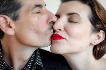 closeup: woman with red lipstick kissing mans cheek, white background