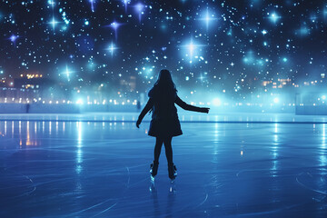 A late-night ice skating session under a starlit sky, offering an intimate atmosphere in a quiet rink, perfect for a peaceful and romantic skating experience