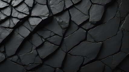 Volumetric rock texture with cracks. Black stone background with copy space for design.  - obrazy, fototapety, plakaty