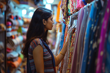 Obraz premium indian woman shopping in the indian clothes shop bokeh style background