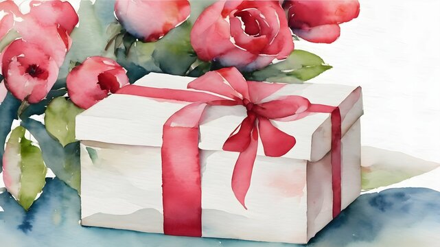 
image of a white gift box wrapped with a red ribbon against the background of a bouquet of red roses made in watercolor style for St. Valentine's Day or Women's Day on March 8