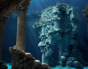 Ruins with columns of lost Atlantida world underwater. Lost ancient civilization. Ai generated - obrazy, fototapety, plakaty