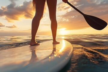 As the sun sets over the ocean, a solitary figure stands atop their surfboard, paddle in hand, ready to conquer the waves and embrace the beauty of the outdoors - obrazy, fototapety, plakaty