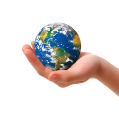 Close-up photo of an environmentalist’s hand holding planet Earth, Isolated on Transparent Background, PNG