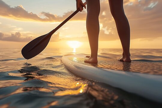 As the sun sets on the horizon, a lone figure glides across the shimmering ocean waves on their surfboard, guided by the steady rhythm of their paddle, surrounded by the vast expanse of sky and cloud
