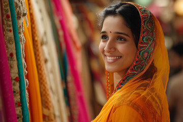 indian woman shopping in the indian clothes shop bokeh style background - obrazy, fototapety, plakaty