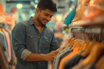 indian man shopping in the indian clothes shop bokeh style background - obrazy, fototapety, plakaty