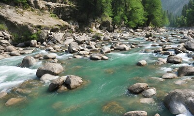 Naklejka na ściany i meble River Rhythms: Exploring Swat Valley's Crystal clear Streams