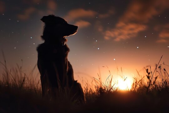 A loyal canine takes in the breathtaking beauty of nature as the sun sets, casting a warm glow over the vast grassy field and painting the sky with vibrant hues, creating a stunning silhouette agains
