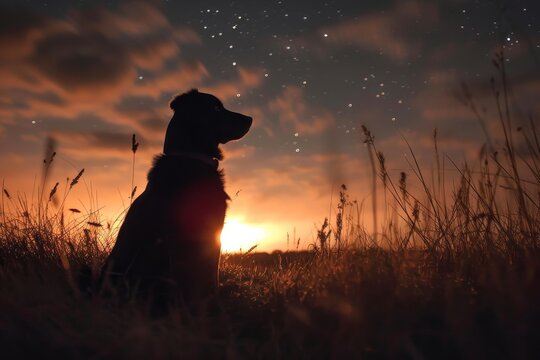 A majestic silhouette of a loyal canine sitting in a peaceful field as the vibrant sunset paints the sky with a warm glow, creating a picturesque moment of serenity and companionship