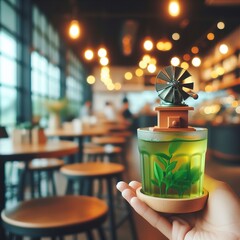 Green tea with mill plastic glass in hand with blurred cafe or coffee shop background