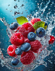 Świeże owoce Malin i Borówek w wodzie. Generative AI - obrazy, fototapety, plakaty