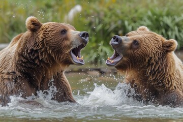 Two majestic brown bears frolic and splash in the cool river water, embodying the wild and free spirit of terrestrial mammals in their natural outdoor habitat