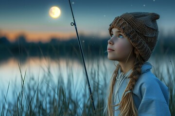 A young woman stands in the winter sun, gazing at the moon reflecting on the lake while wearing...