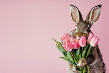 Funny rabbit holding a tulips bouquet on pink background. Easter concept.