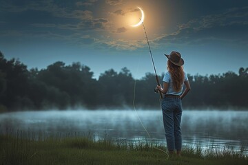A lone figure embraces the tranquility of nature as she stands amidst a serene landscape, her gaze fixed on the mesmerizing glow of the moon reflecting on the tranquil lake, with a sturdy pole in her - Powered by Adobe