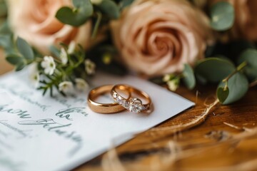 Obraz na płótnie Canvas A romantic indoor setting featuring delicate garden roses adorning a stunning rose gold ring, captured in a captivating close-up shot showcasing the beauty of floral design and cut flowers