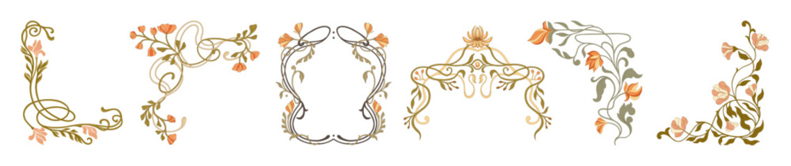 Art Nouveau floral frames, corners, and borders. Vector.