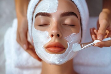A serene woman indulges in an indoor facial treatment, using specialized tools to rejuvenate her skin