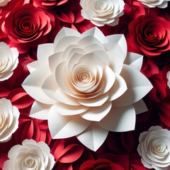 Paper flower, White roses on Red roses background, Abstract flower cut from paper, Wedding decorations
