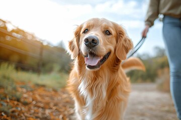 A loyal golden retriever stands proudly on the outdoor ground, eagerly awaiting their person's next adventure on their trusty leash