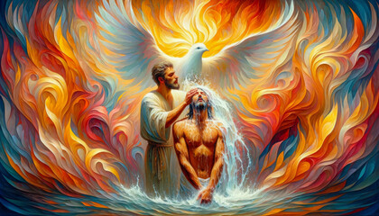Baptism of Holy Fire: Jesus Baptized by John and the Holy Spirit - obrazy, fototapety, plakaty