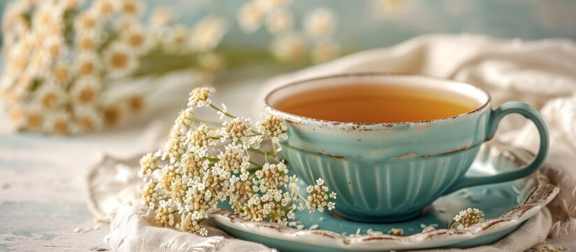 A cup of herbal tea with yarrow flowers.