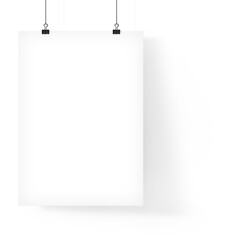 White poster hanging on binder isolated with plain background.