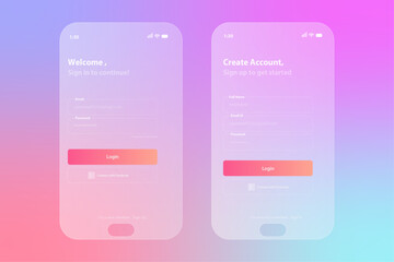 Glass effect login page. Mobile app login and signup UI concept. Free Vector. Facebook, Instagram login page.